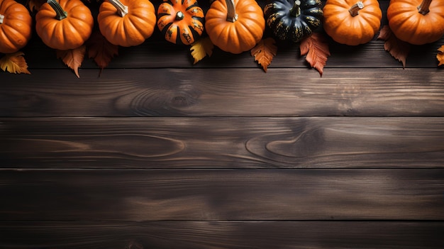 Many pumpkin top border over a rustic wood background Created with Generative AI