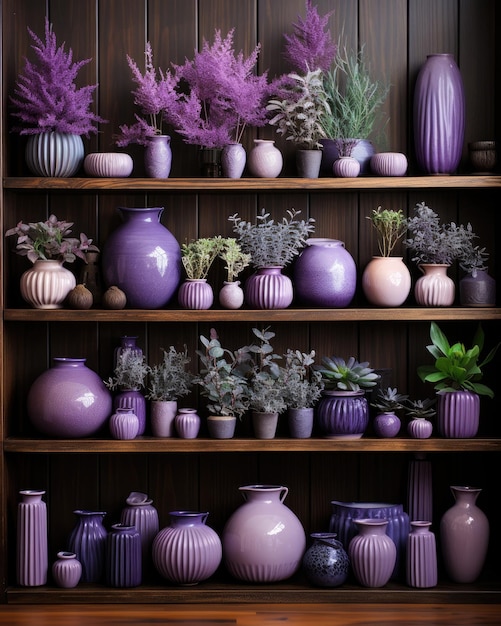 Many purple vases filled with flowers and plants on a shelf Generative AI