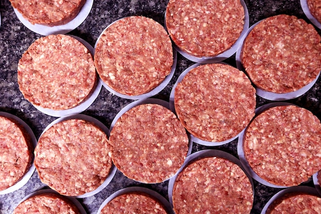 Many raw hamburgers outside the restaurant Starting the preparation of hamburgers Top view