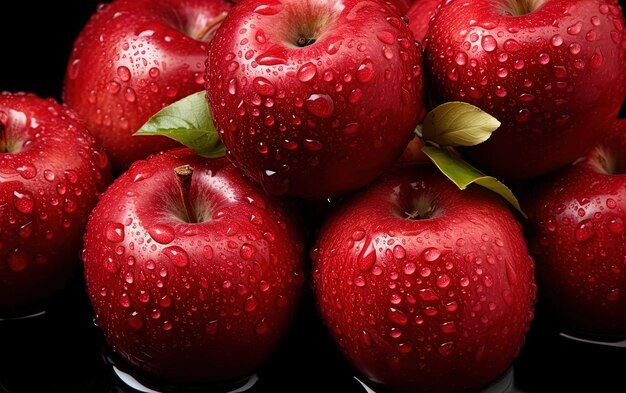 the many red apples are covered with drops of water in the style of sleek metallic finish