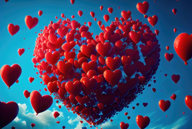 Многие красные шарики в форме сердца частицы летают в воздухе с голубым небом фона Дня святого Валентина концепция генеративный ИИ