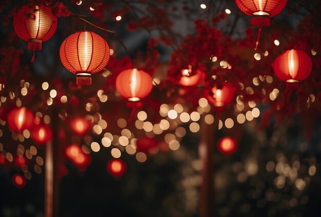 Many red chinese lanterns in a garden by night