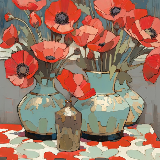 a many red flowers in a blue vase on a table