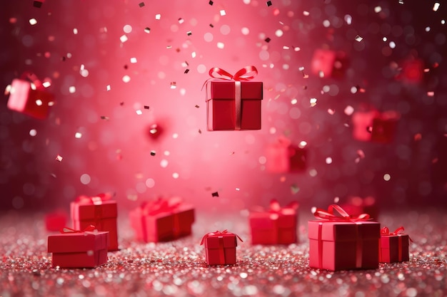 Many red gift boxes with a bow on festive glittering bokeh dark pink background Present boxes