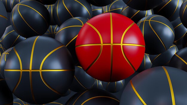 Many red gold and black Basketball as background Basketball 3d render