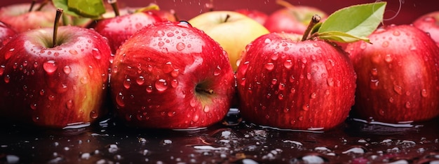 many red ripe apples closeup with water drops