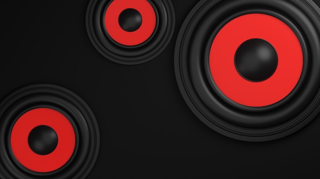 Many red speaker loudspeaker on black background.,3d model and illustration.