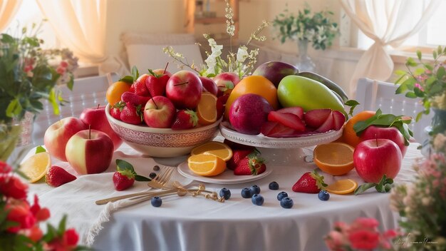 Many ripe fruits at table