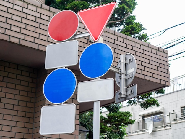 many road signs safety pole at crossroad