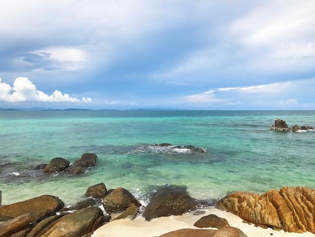 Many rocks on sandy beach on the sea and sky background on a sunny day.