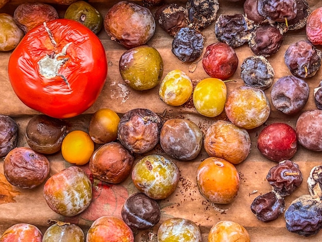 Many rotten small and big tomatoes fruits prunes and grapes