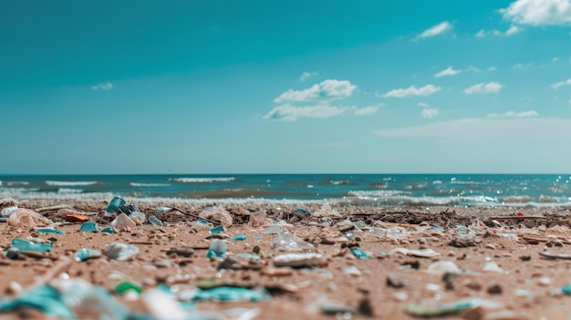 Many rubbish on the beach with backdrop are blurred blue sky and