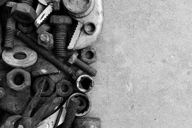 Many rust steel on cement ground in black and white