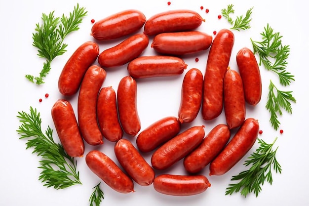 many sausages isolated on a white background arranged in a circle top view