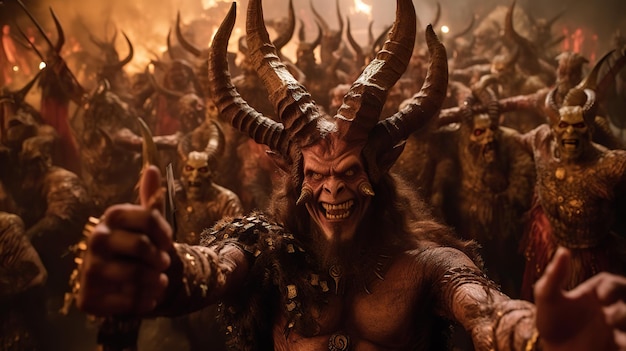 Множество страшных рогатых демонов встречают грешников в аду Портрет дьяволов крупным планом Слуги дьявола