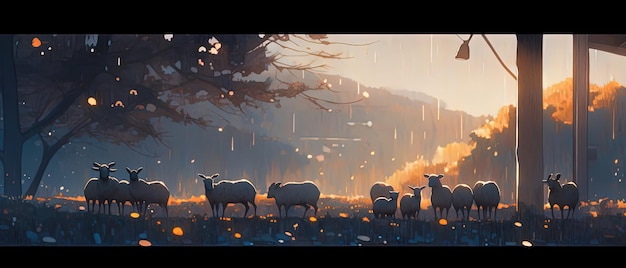 a many sheep standing in the grass in the rain