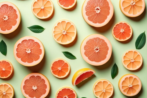 Many sliced fresh grapefruits as background top view AI generation