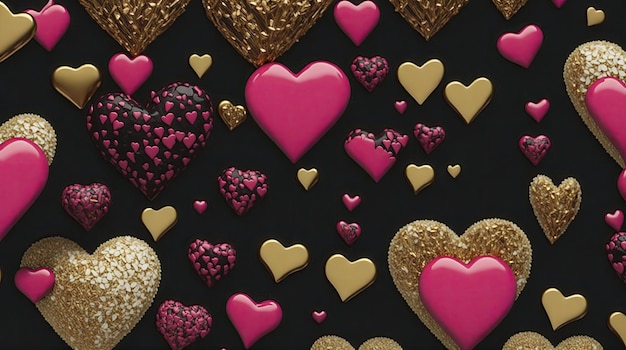 Many small cute hearts in pink red white gold on a black background