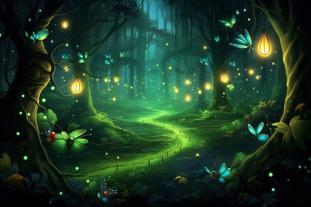 Many small fireflies in the dark magical forest