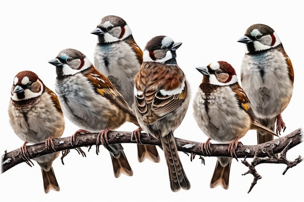 Many small funny birds sparrows are sitting on a branch on a white isolated background