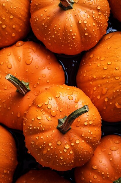 Many small pumpkins with water droplets on them