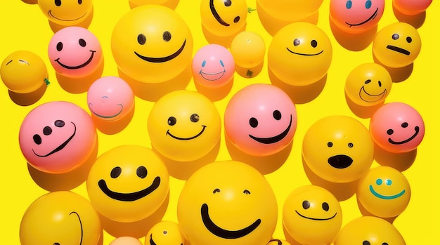 Many smiling faces on a yellow background