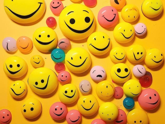 Many smiling faces on a yellow background