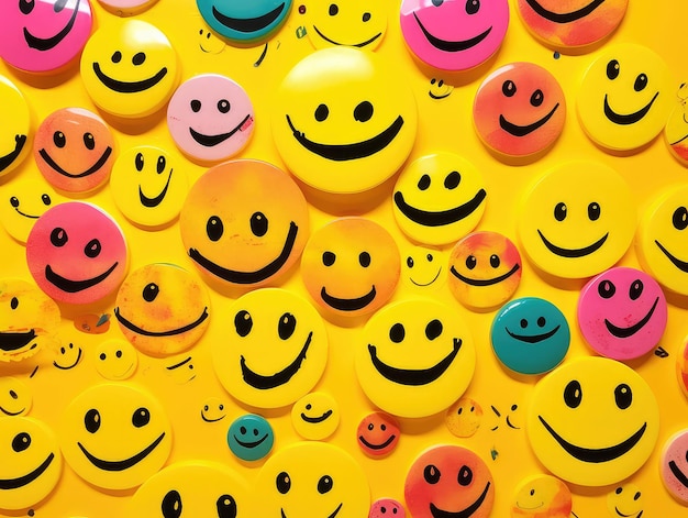 Many smiling faces on a yellow background