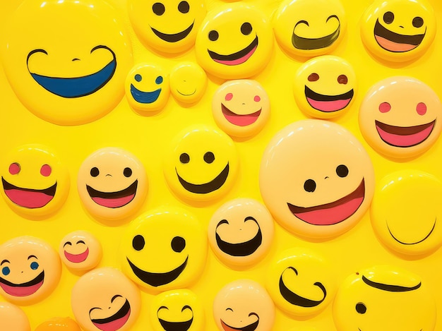 Many smiling faces on a yellow background