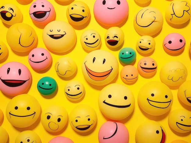 Many smiling faces on a yellow background