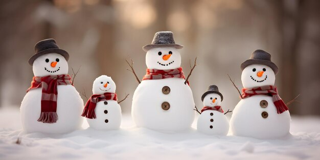 Many snowmen standing in winter Christmas landscape Winter and happy new year greeting card