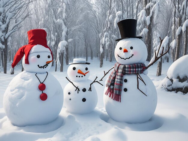 Many snowmen standing in winter Christmas landscape