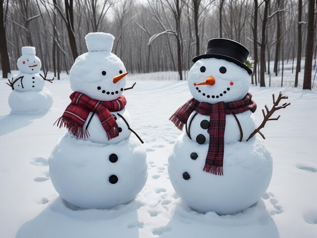 Many snowmen standing in winter Christmas landscape