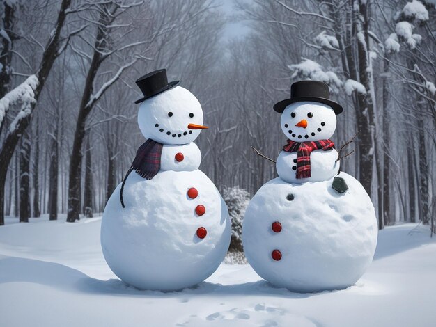 Many snowmen standing in winter Christmas landscape