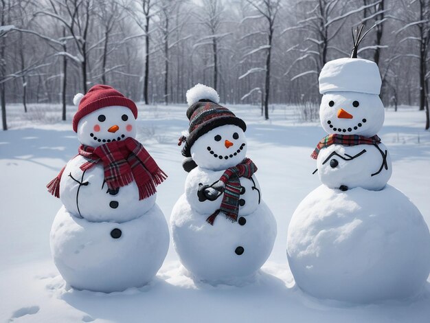 Many snowmen standing in winter Christmas landscape