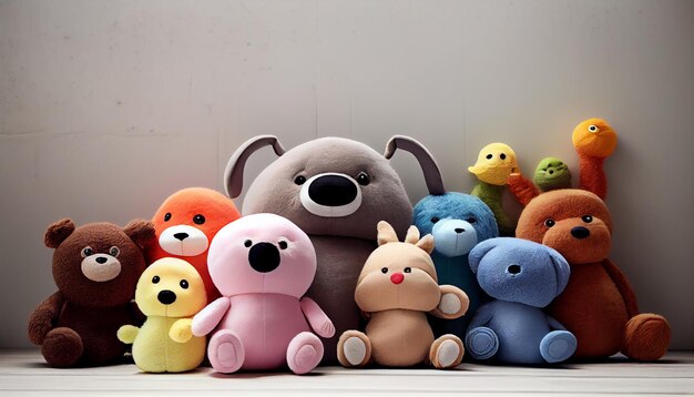 Many soft colourful toys on the white wall background