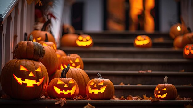 many spooky halloween pumpkin on the stairs