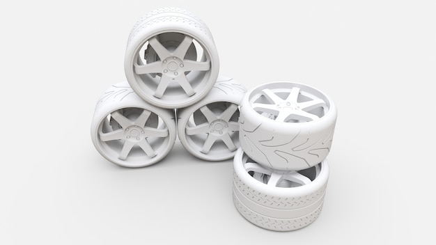 Many sports car wheels standing together. Minimal style installation