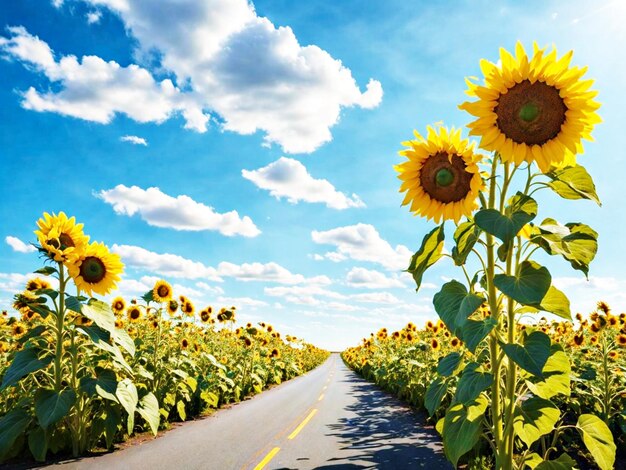 Many sunflowers on both sides of the road