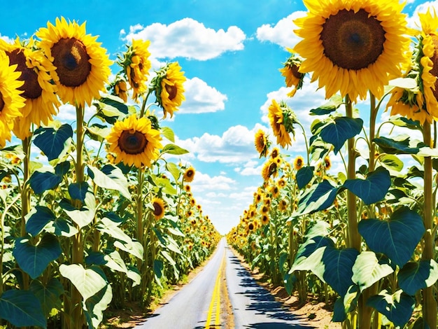 Many sunflowers on both sides of the road