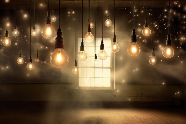 Many switched on electric light bulbs on a dark background