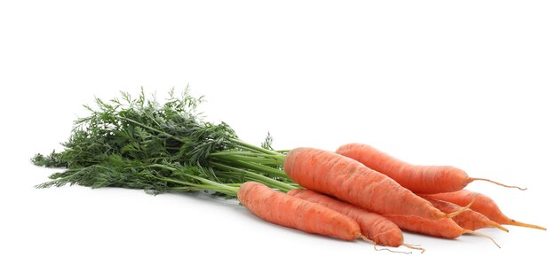 Many tasty ripe carrots on white background