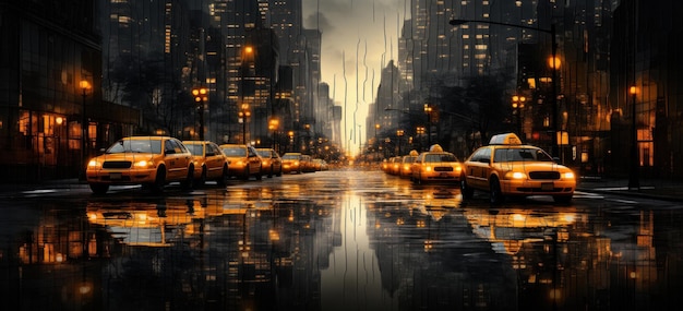 много такси, припаркованных на темной мокрой городской улице