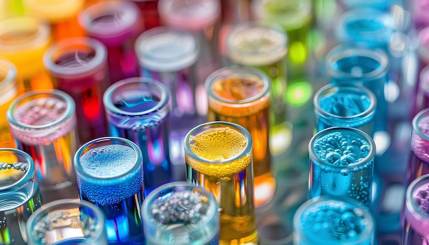 사진 다채로운 화학 액체 가 들어 있는 많은 실험 튜브