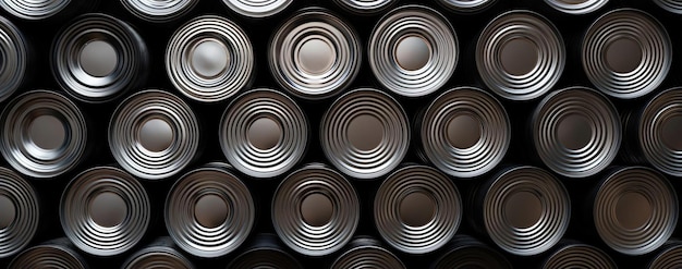 many tin cans are placed together in a pattern in the style of dark silver and brown