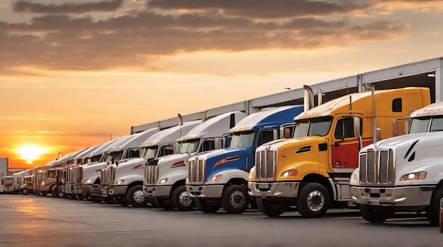 写真 多くの輸送トラックが日没時にガソリンスタンドに駐車している
