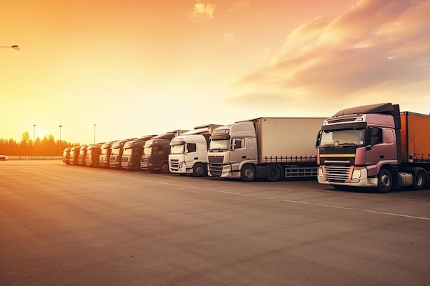 Photo many transport trucks parked at a service station at sunset ai generative