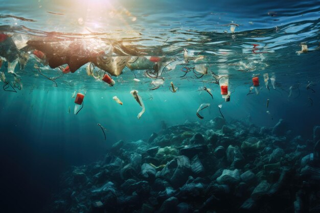 Photo many trash underwater in the ocean problem of pollution and ecology of the sea