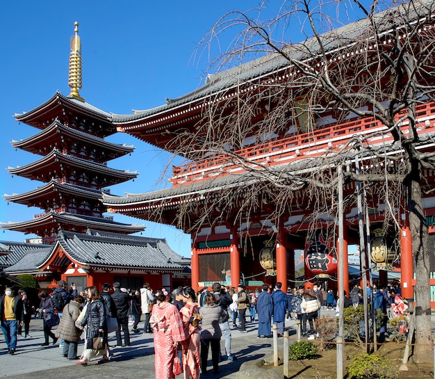 浅草寺の入り口で多くの旅行者