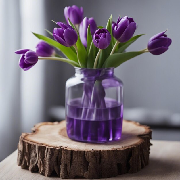 Photo a many tulips in wood pot violet wooden table top view